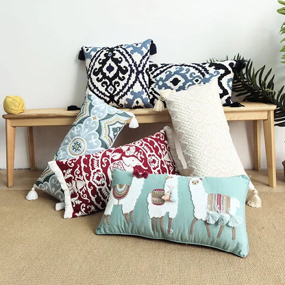 Bohemian embroidered cotton throw pillow cover in 18x18 or 12x24 inches, llama decorative cushion for sofa, bed, or lounge – stylish boho home decor accent