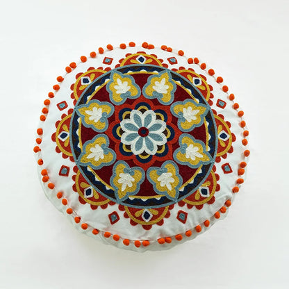 Boho Mandala Round Cushion Cover – Moroccan-Inspired Embroidered Throw Pillow Case for Boho Home Decor