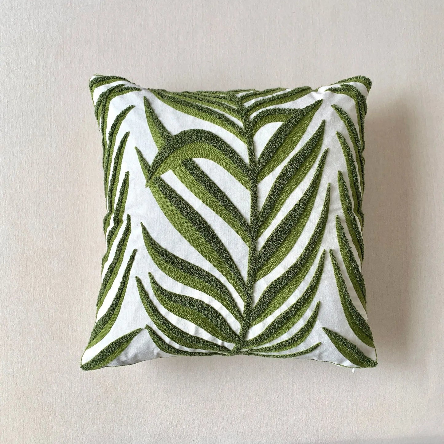 🌿 Green Leaf & Sunflower Embroidered Pillow Cover – 18 x 18 inches Boho Modern Cushion Cover for Sofa, Chair, or Car