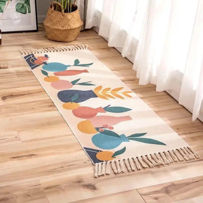 Boho Cotton Woven Flower Pot Geometric Rug – Anti-Slip Floor Mat for Living Room, Bedroom & Entryway