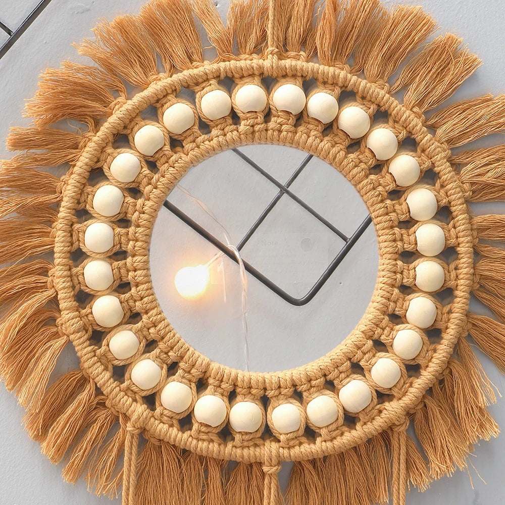 Boho Round Macrame Wall Mirror – Handwoven Decorative Hanging Mirror
