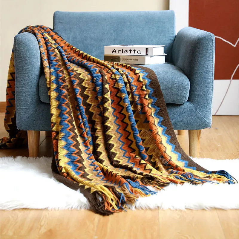 My Boho Home throw blanket with tassels, featuring zig zag stripes and a woven texture—perfect for cozy home decor