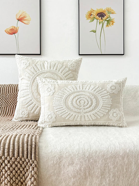 White French Floral Embroidered Pillow Cover – Elegant Boho Home Decor Accent