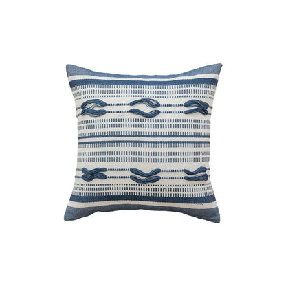 Decorative pillow with blue and white striped pattern on a white background Nordic blue tufted cushion cover with geometric stripe and grid crochet pattern, tassel pillow cover for sofa, bed, and boho home decor
