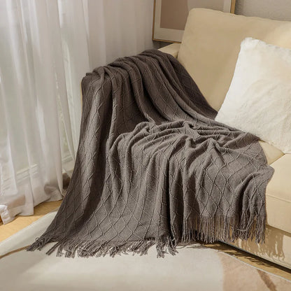 Soft Knit Boho Throw Blanket – Lightweight Acrylic Travel & Home Decor Accent with Fringe