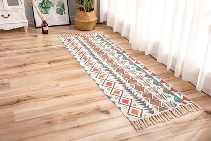 Boho Cotton Woven Geometric Rug – Anti-Slip Floor Mat for Living Room, Bedroom & Entryway