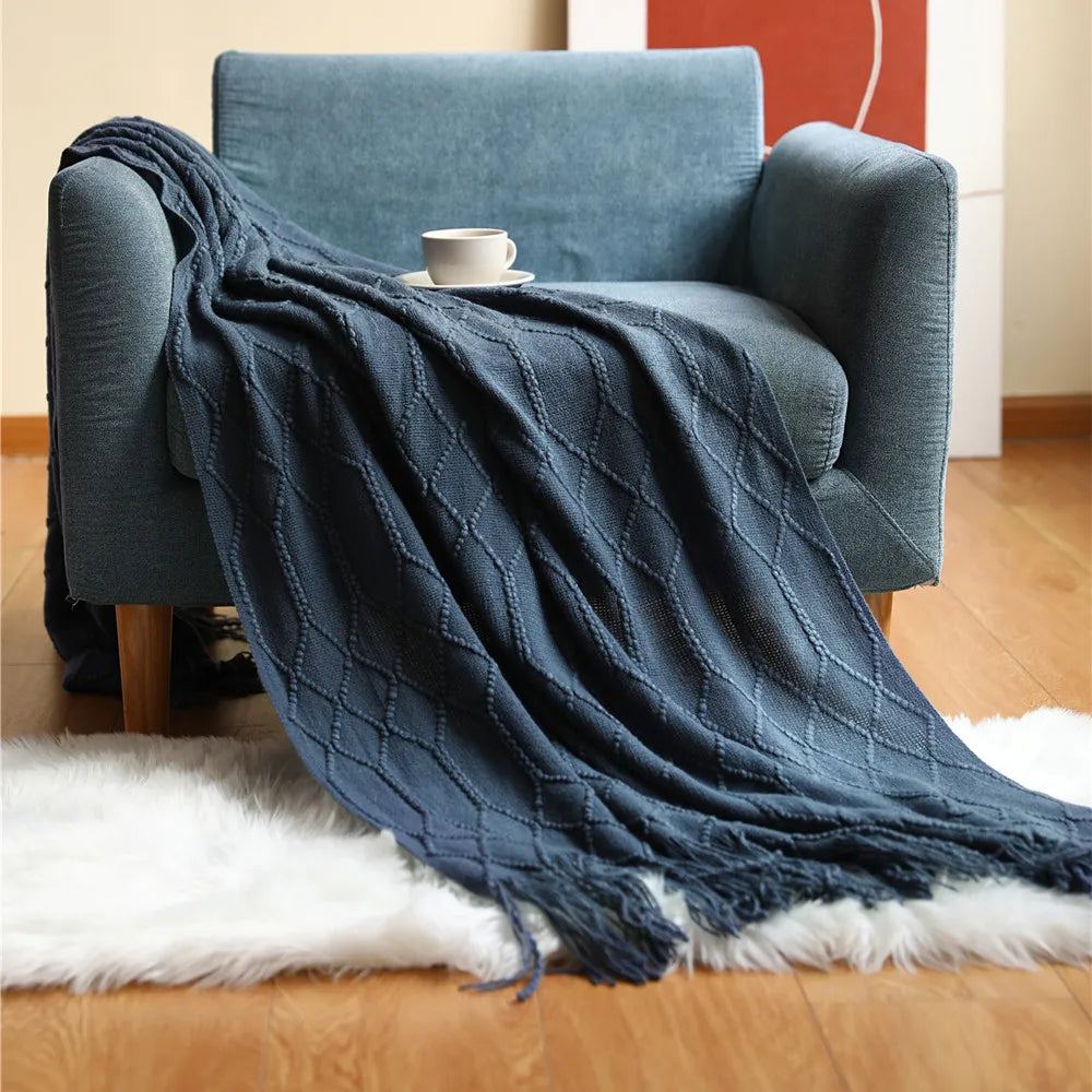 Nordic Knitted Throw Blanket with Tassels Geometric Diamond Khaki Cream Grey Luxury Bed Sofa Couch Oversized Cozy