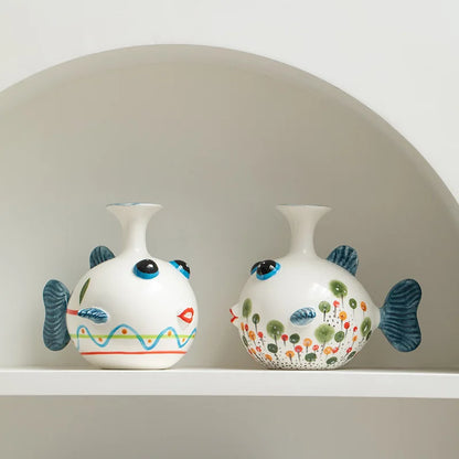 Hand-Painted Ceramic Fish Vase – Modern Boho Home Decor, Wavy Pattern, Colorful Cartoon Fish Flower Pot