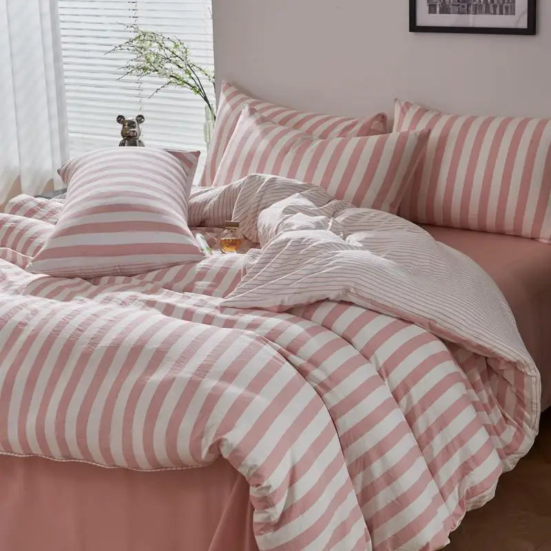 Rose Pink Boho Striped Microfiber Bedding Set – 4-Piece Soft & Cozy Duvet Cover Set with Pillowcases & Flat Sheet