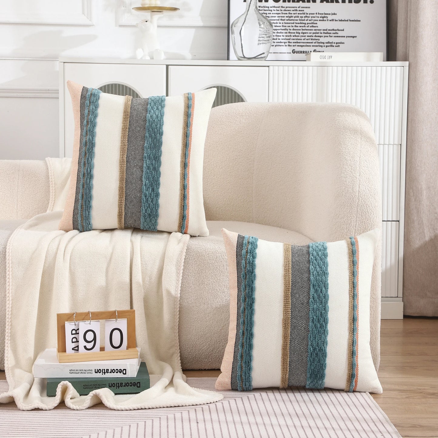 Boho Striped Chenille Throw Pillow Cover – Decorative Square Cushion for Cozy Home Accents