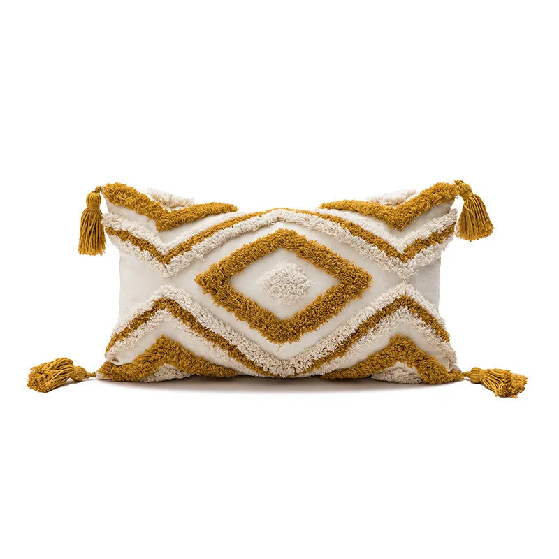 Decorative pillow with geometric pattern and tassels on a white background Nordic blue tufted cushion cover with geometric stripe and grid crochet pattern, tassel pillow cover for sofa, bed, and boho home decor