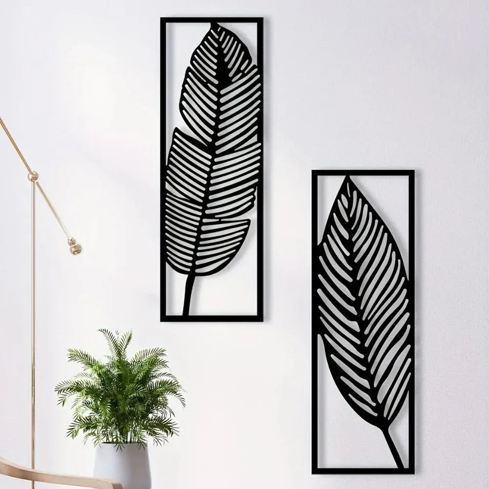 Decorative Leaves Metal Wall Art Set of 2 / 1Pc Surfboard for Home Wall Decor Black Metal Hanging Leaf Boho