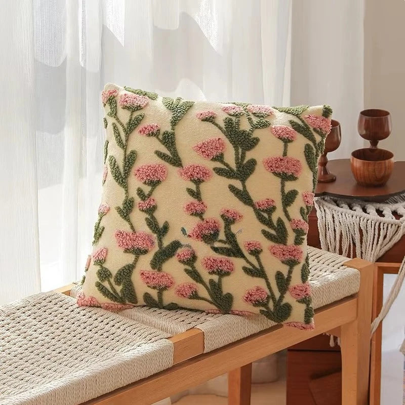 Embroidered Floral Throw Pillow Cover – Boho Decorative Cushion Cover for Sofa, Bed, or Chair | Housewarming Gift