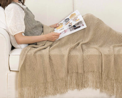 Boho Knit Throw Blanket – Soft Lightweight Acrylic Blanket with Tassels