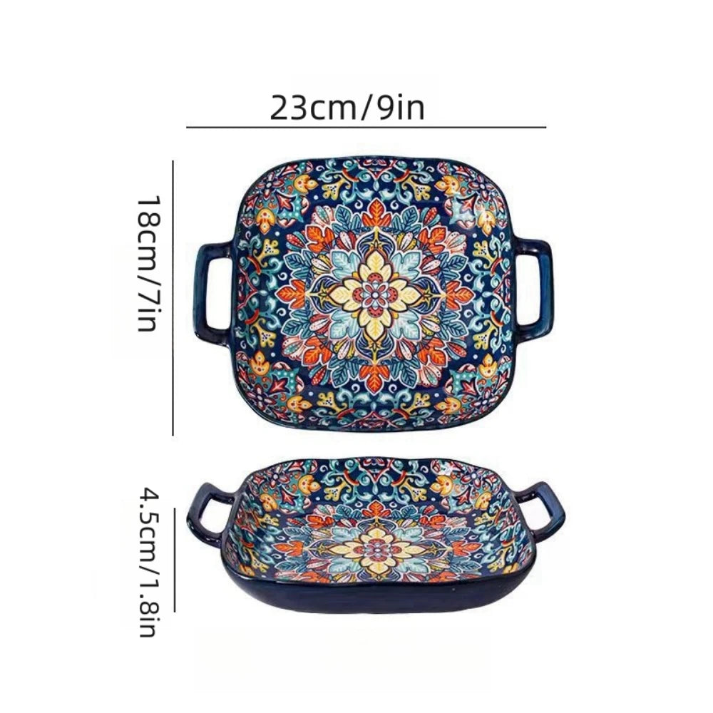 Boho Double-Ear Ceramic Pasta & Salad Plate – Square Oven-Safe Serving Dish