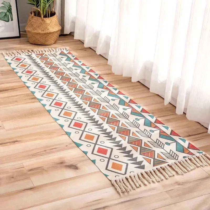 Boho Cotton Woven Geometric Rug – Anti-Slip Floor Mat for Living Room, Bedroom & Entryway