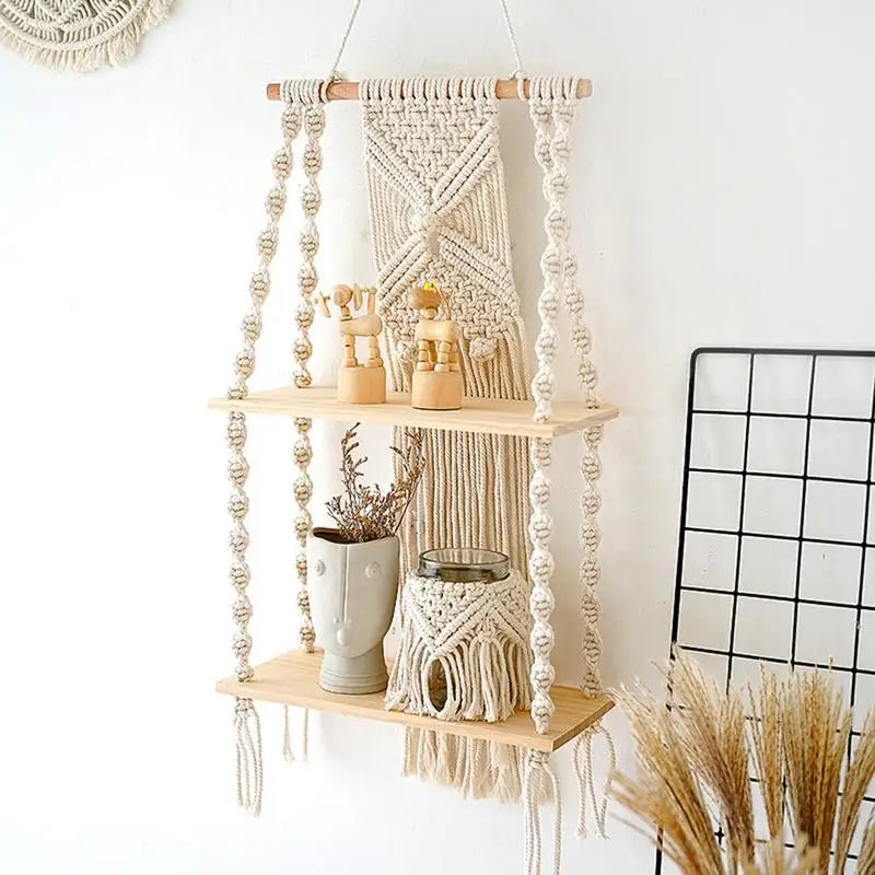 2 Tier Macrame Wall Hanging Floating Shelf Natural Cotton Rope Boho Home Decor Wooden Shelves Candle Holder Hangings Shelving