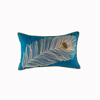 Decorative pillow with peacock feather design on a blue background. Bohemian embroidered throw pillow cover with geometric design, cotton-blend cushion for sofa, bed, or modern home decor.