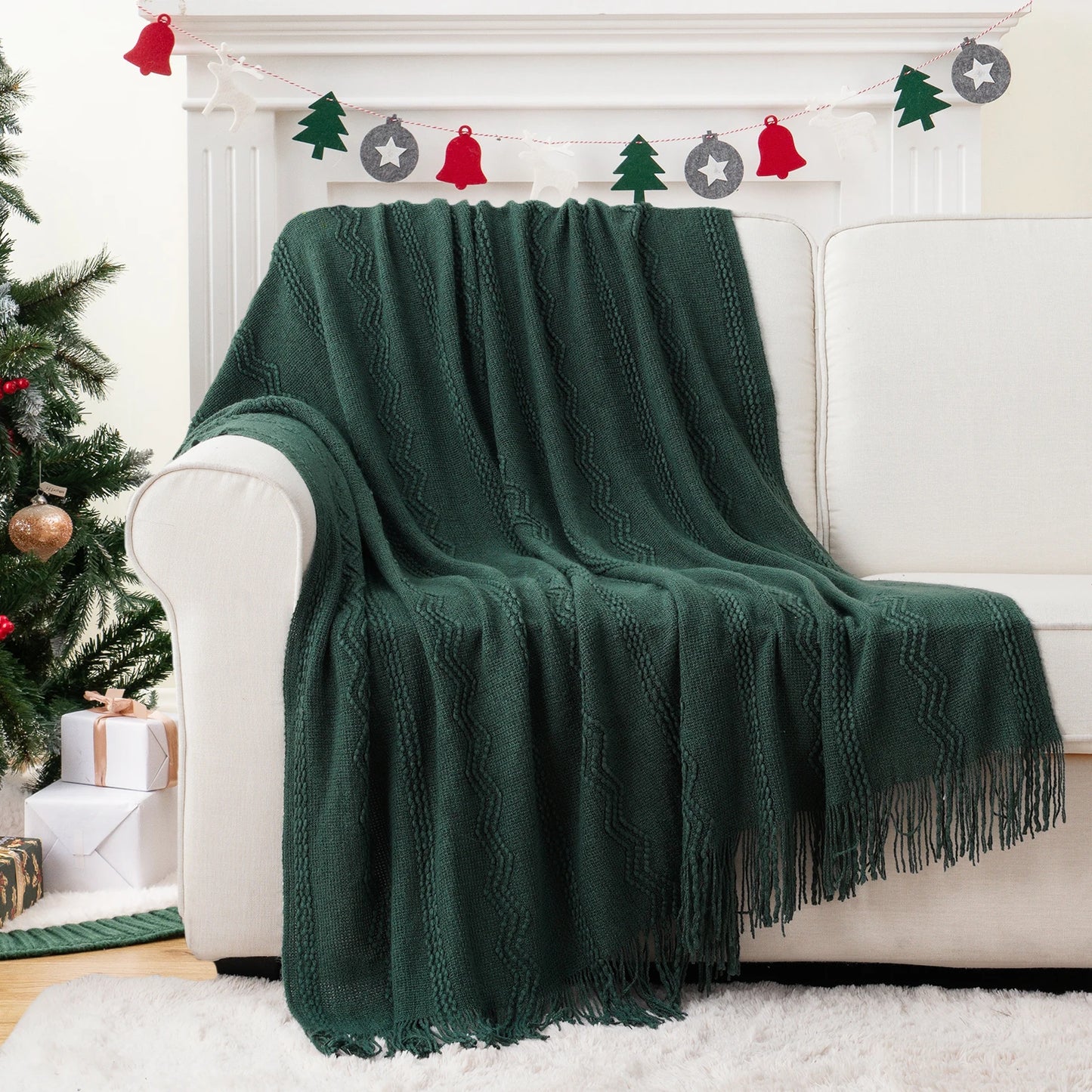 Boho Knit Throw Blanket – Soft Lightweight Acrylic Blanket with Tassels