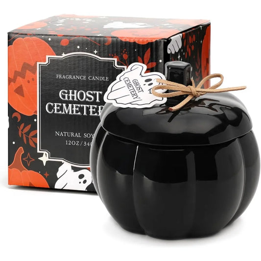 Black pumpkin-shaped candle with a Ghost Cemetery label and packaging. Pumpkin shaped vanilla pumpkin spice candle, 12oz soy wax, fall and Halloween home décor gift for Thanksgiving and autumn ambiance