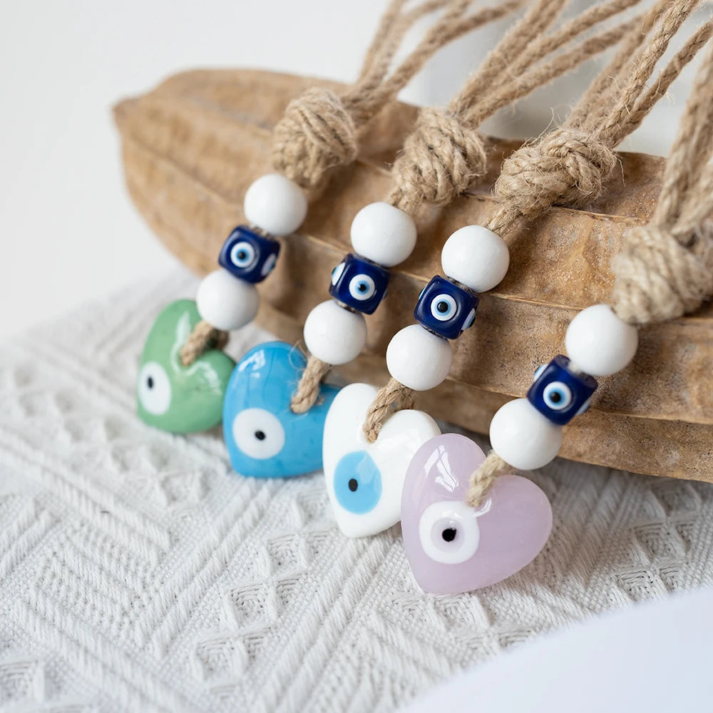 🧿 Evil Eye Glass Wall Hanging with Braided Rope – Handmade Mediterranean Charm