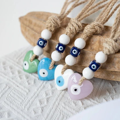 🧿 Evil Eye Glass Wall Hanging with Braided Rope – Handmade Mediterranean Charm