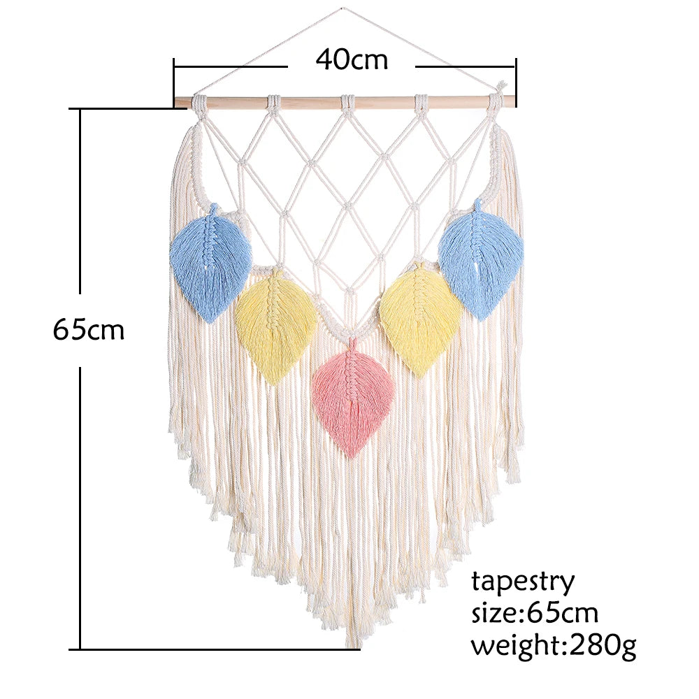 Macrame wall hanging with colorful leaves and dimensions on a white background
