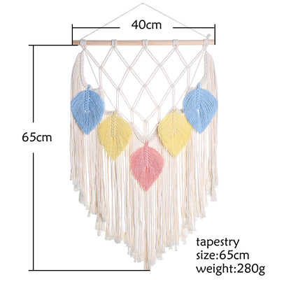 Macrame wall hanging with colorful leaves and dimensions on a white background