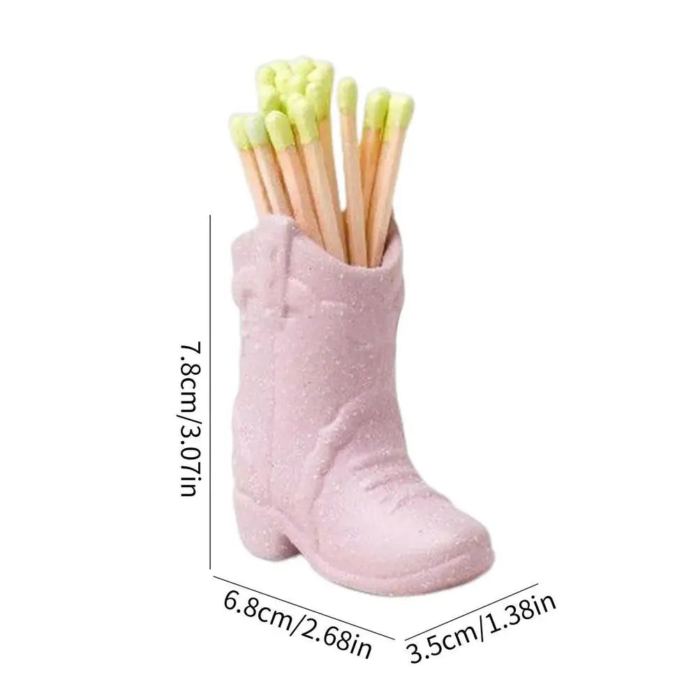 Ceramic Match Holder With Striker Cowboy Boot Shaped Boho Style Jar Fireplace Home Decor Container