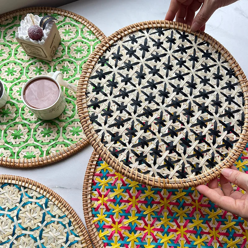 Hand-Woven Bamboo Boho Placemats – Round Rattan Table Mats for Rustic Kitchen