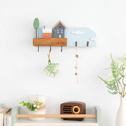 🏡 Fairytale Town Wall Hook Rack – Boho Wooden Key Holder & Decorative Village Scene Organizer