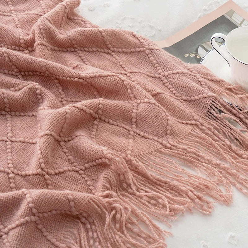 Soft Knit Boho Throw Blanket – Lightweight Acrylic Travel & Home Decor Accent with Fringe
