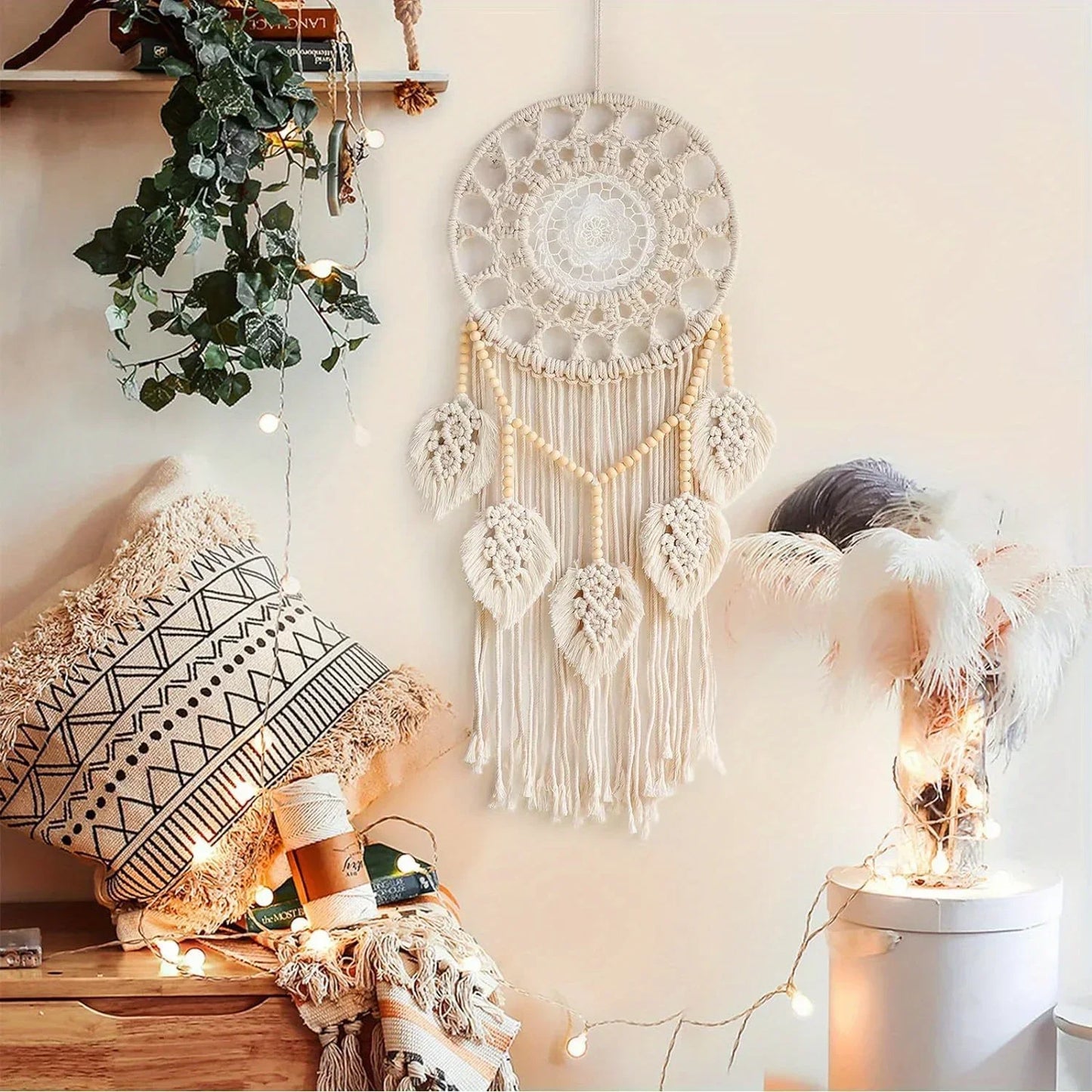 1Pc Dreamcatcher Macrame Dream Catchers for Bedroom Adult Wall Decor Large Boho Wall Hanging with 5 Woven Leaves Wood