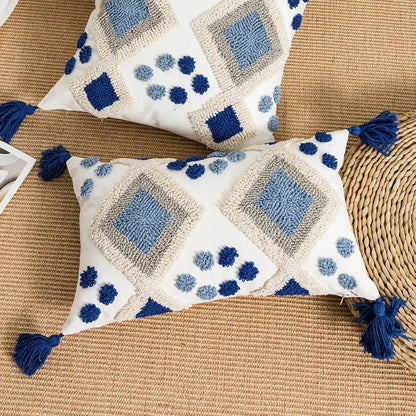 Boho Loop Tufted Cushion Cover – Handmade Cotton Canvas Pillow with Tassels & Embroidery