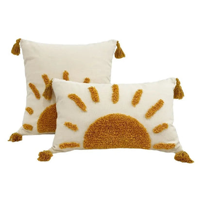 Boho Home Decor Yellow Sun Tufted Embroidered Pillowcase – Decorative Throw Pillow Cover For Living Room