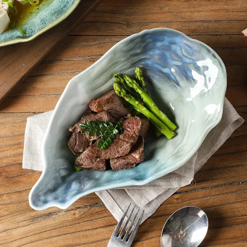 Japanese Kiln-Glazed Ceramic Oyster Dish – Irregular Shell-Shaped Plate for Dips, Dessert & Appetizers