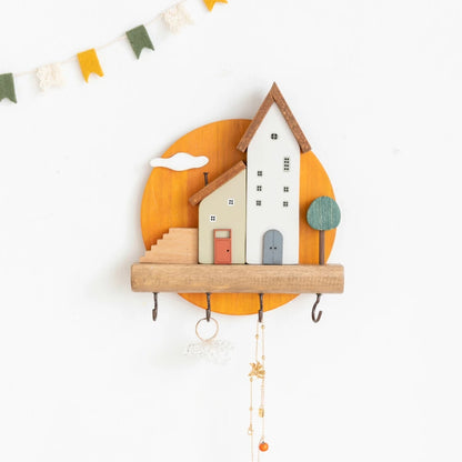 🏡 Fairytale Town Wall Hook Rack – Boho Wooden Key Holder & Decorative Village Scene Organizer