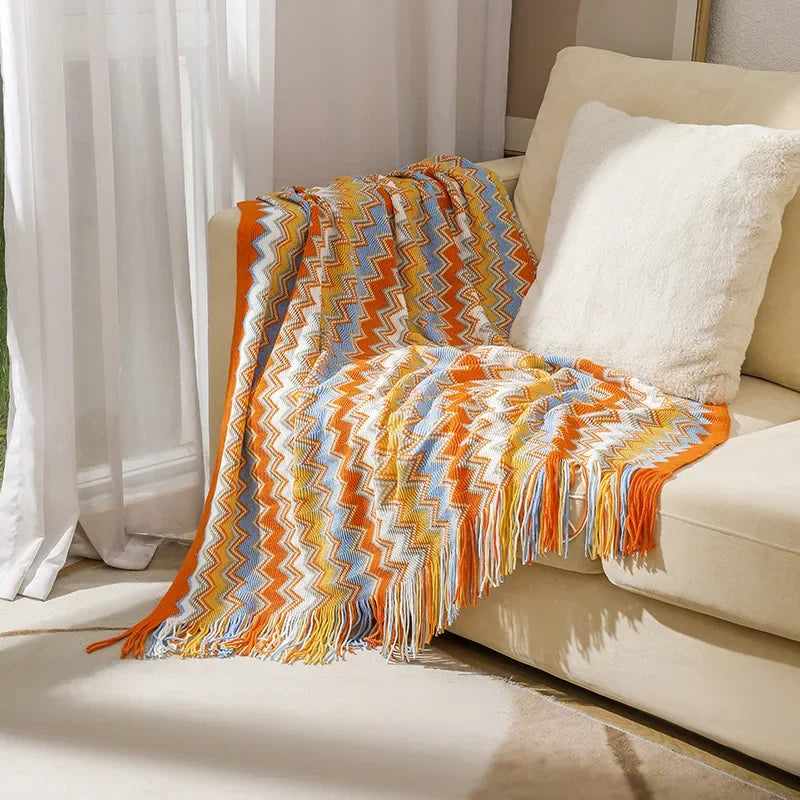 My Boho Home throw blanket with tassels, featuring zig zag stripes and a woven texture—perfect for cozy home decor