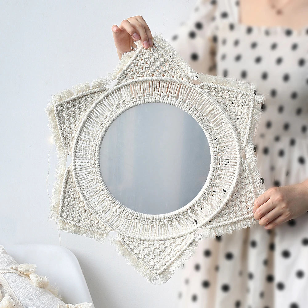 Wall Circle Mirror Macrame Boho Home Decor Mirrors for Bedroom Baby Room Decoration Nursery Sun Star Shaped