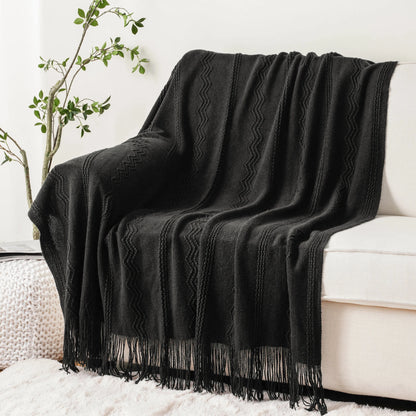 Boho Knit Throw Blanket – Soft Lightweight Acrylic Blanket with Tassels