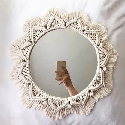 Boho Macrame Round Wall Mirror – Decorative Hanging Mirror for Bedroom & Living Room - Natural Knotted Sun