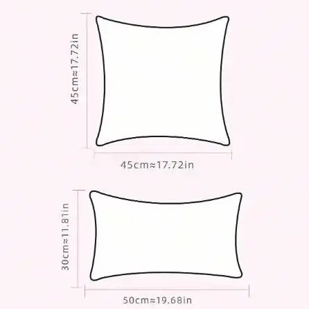 Illustrations of two pillow shapes with dimensions on a light pink background