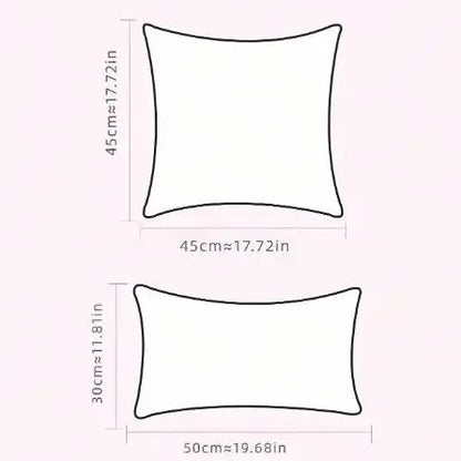 Illustrations of two pillow shapes with dimensions on a light pink background
