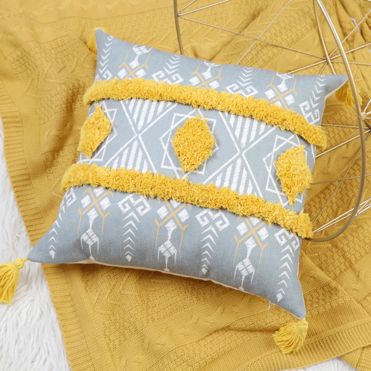Yellow Geometric Tufted Throw Pillow Cover with Tassels – 18x18in Boho Home Decor Accent for Couch, Sofa & Bed Housewarming Gift