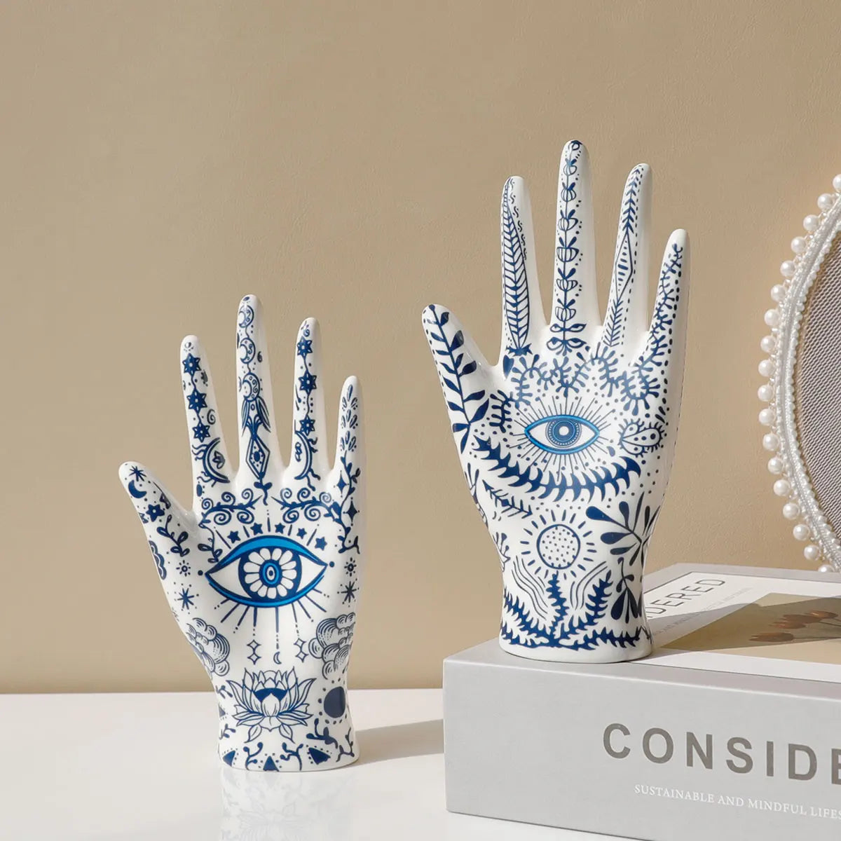 Ceramic Evil Eye Hand Jewelry Holder – Boho Display Stand for Rings, Bracelets & Necklaces