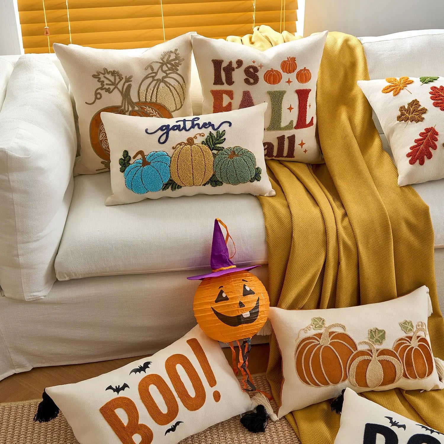 Halloween maple pumpkin throw pillow cover with festive lettering, autumn-themed decorative cushion for sofa, bed, and seasonal home decor