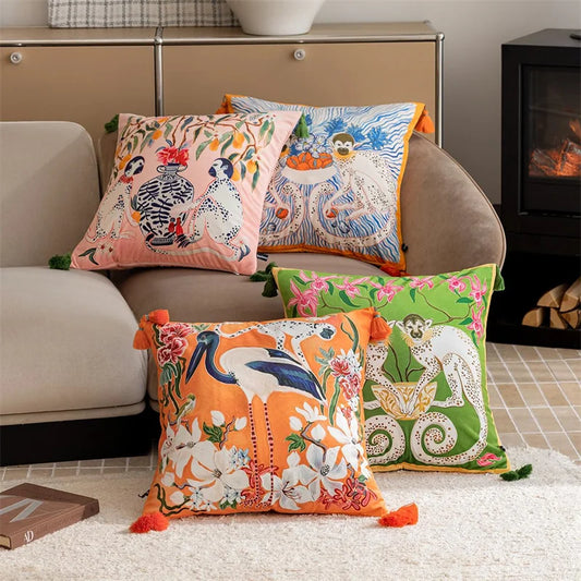 Vintage Velvet Animal Print Pillow Cover – Double-Sided Decorative Cushion for Boho & Eclectic Homes