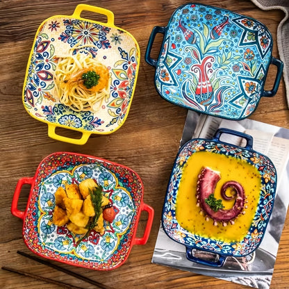 Boho Double-Ear Ceramic Pasta & Salad Plate – Square Oven-Safe Serving Dish