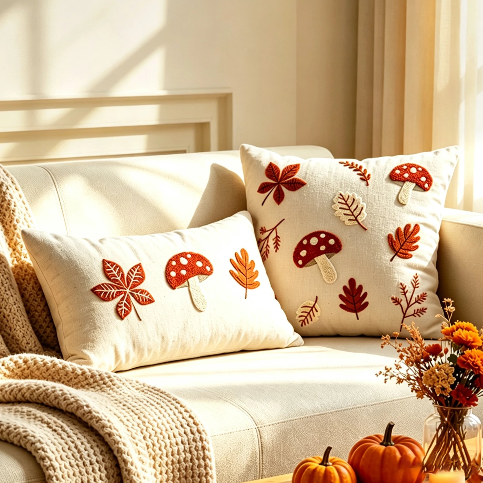 Two cream throw pillows with embroidered autumn motifs, including red and orange mushrooms and leaves, styled on a beige sofa with a knit blanket and fall decor. Boho fall home decor.