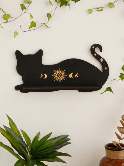 Black Cat Wooden Floating Shelf Moon Phase Chakra Crystal Stone Display Stand Wall Shelf Witch Home Decor Boho Room Decor Home Bedroom